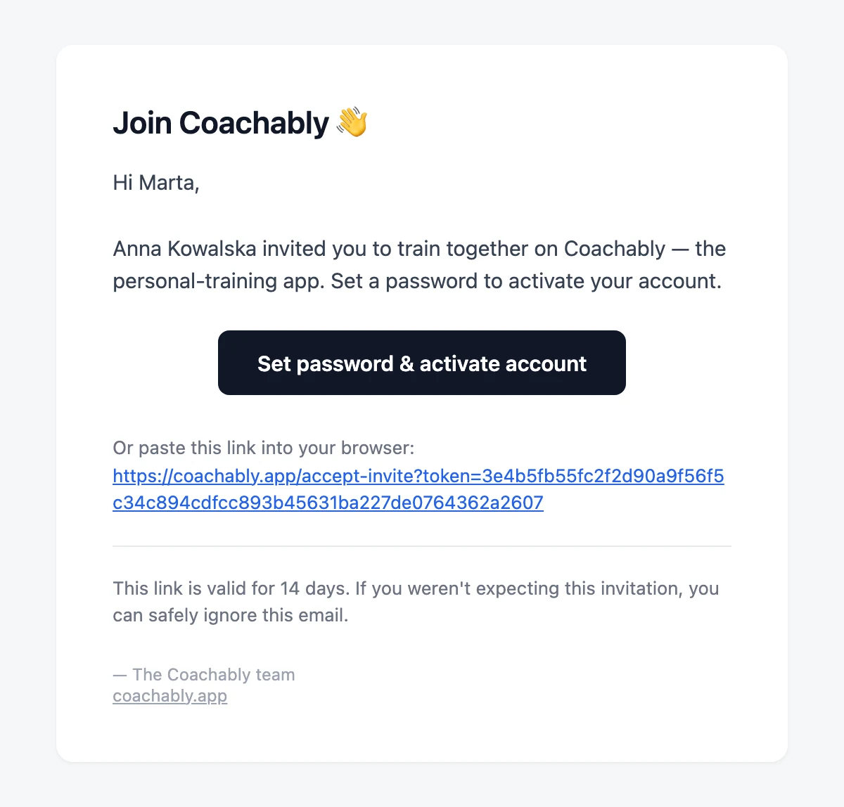 Branded invite email with the heading Join Coachably, the coach's name, and a Set password and activate account button